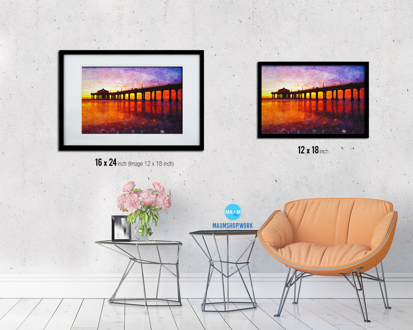 Manhattan Beach Pier, Beautiful Sunset, Los Angeles, CA Artwork Painting Print Art Frame Gifts