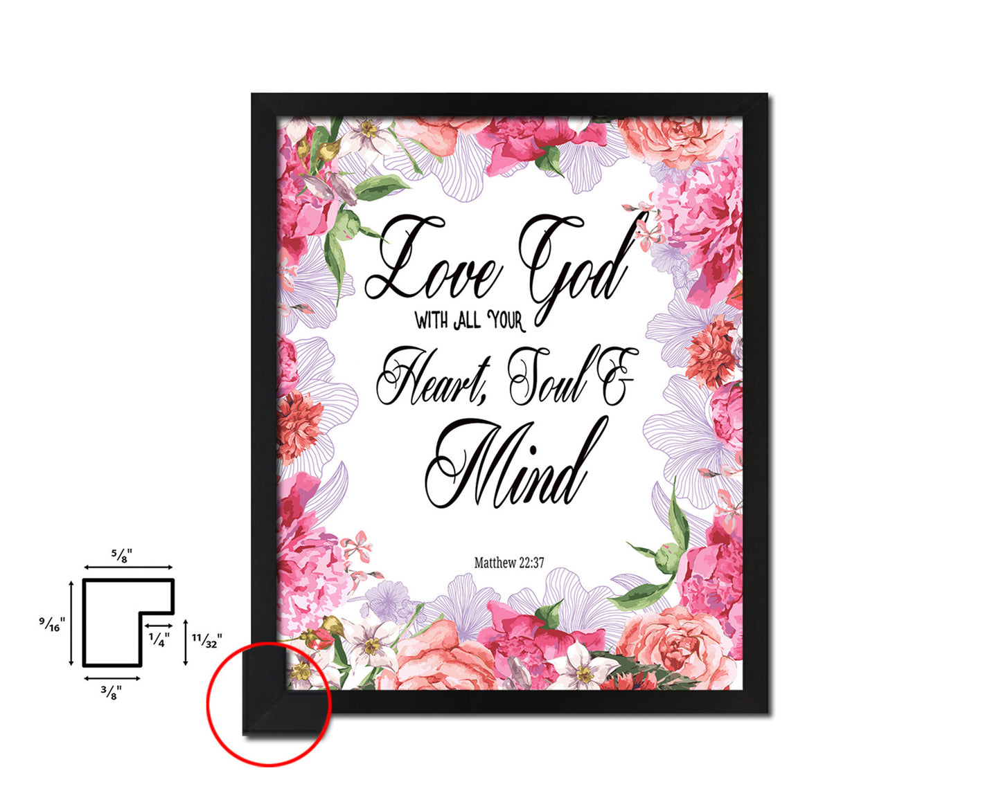 Love God with All Your Heart, Matthew 22:37 Quote Framed Print Home Decor Wall Art Gifts