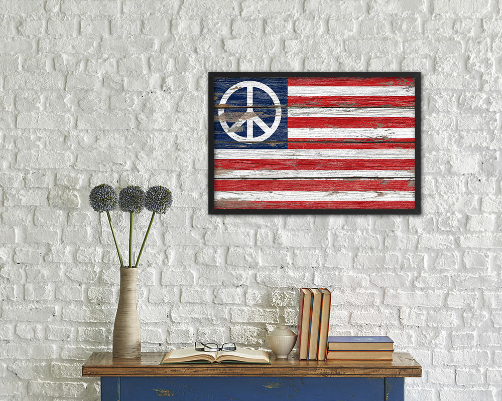 US Peace Sign Anti War American Wood Rustic Flag Wood Framed Print Wall Art Decor Gifts