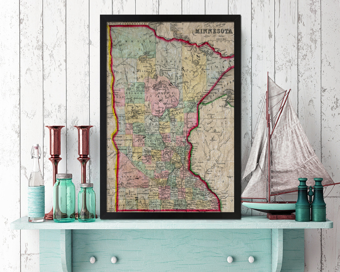 Minnesota Historical Map Wood Framed Print Art Wall Decor Gifts