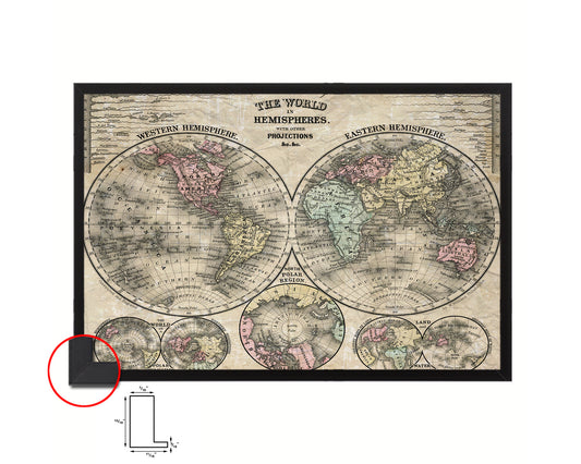 World Hemispheres 1870 Historical Map Framed Print Art Wall Decor Gifts