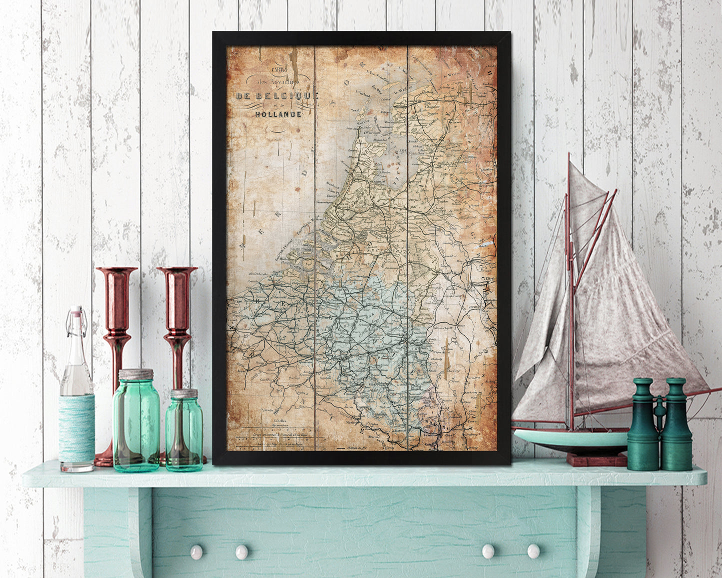 Holland and Belgium Antique Map Wood Framed Print Art Wall Decor Gifts