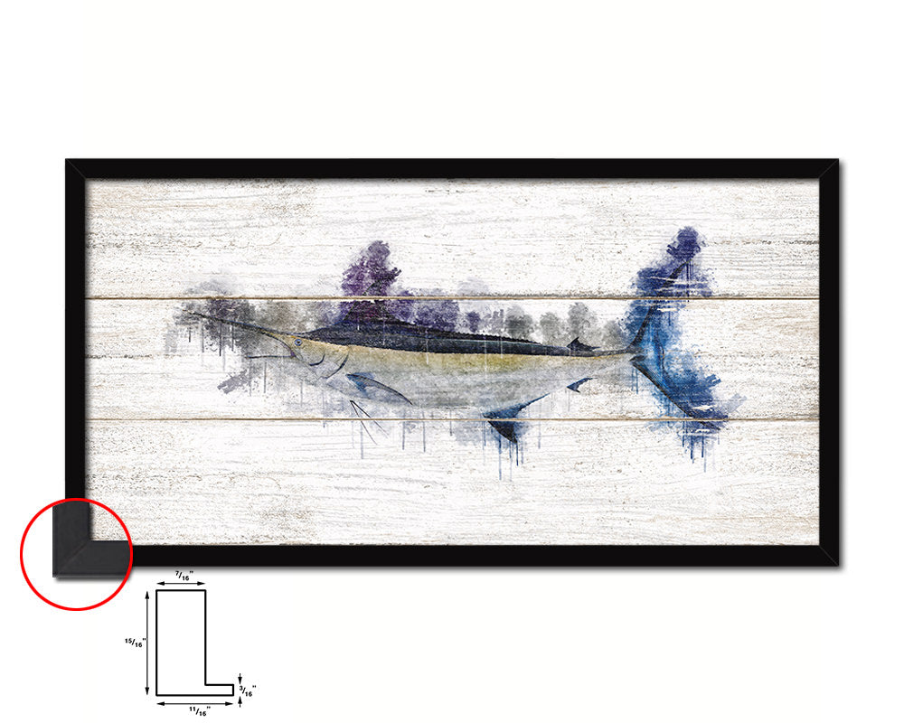 Black Marlin Fish Art Wood Framed White Wash Restaurant Sushi Wall Decor Gifts, 10" x 20"