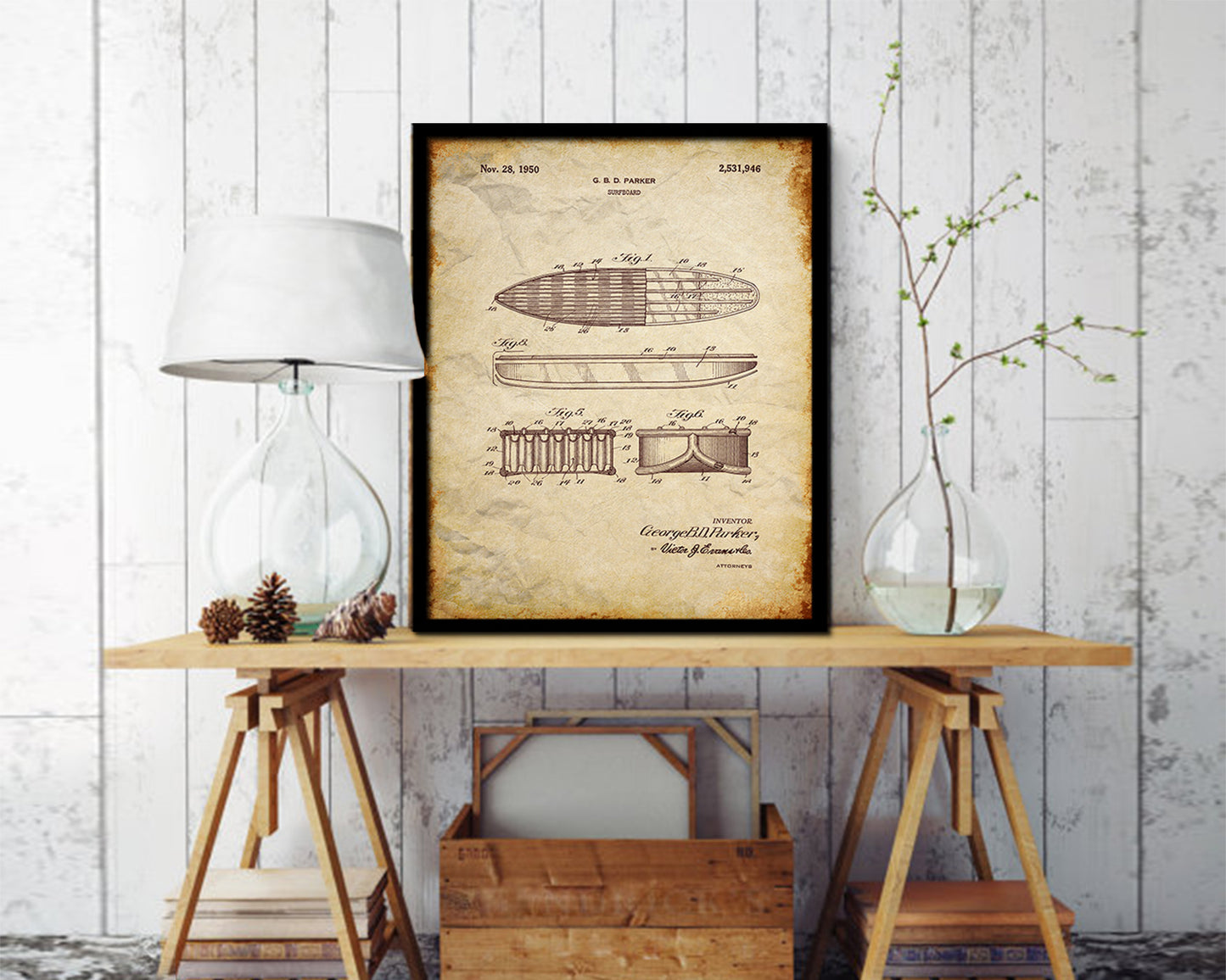 Surfboard Sports Vintage Patent Artwork Walnut Frame Gifts