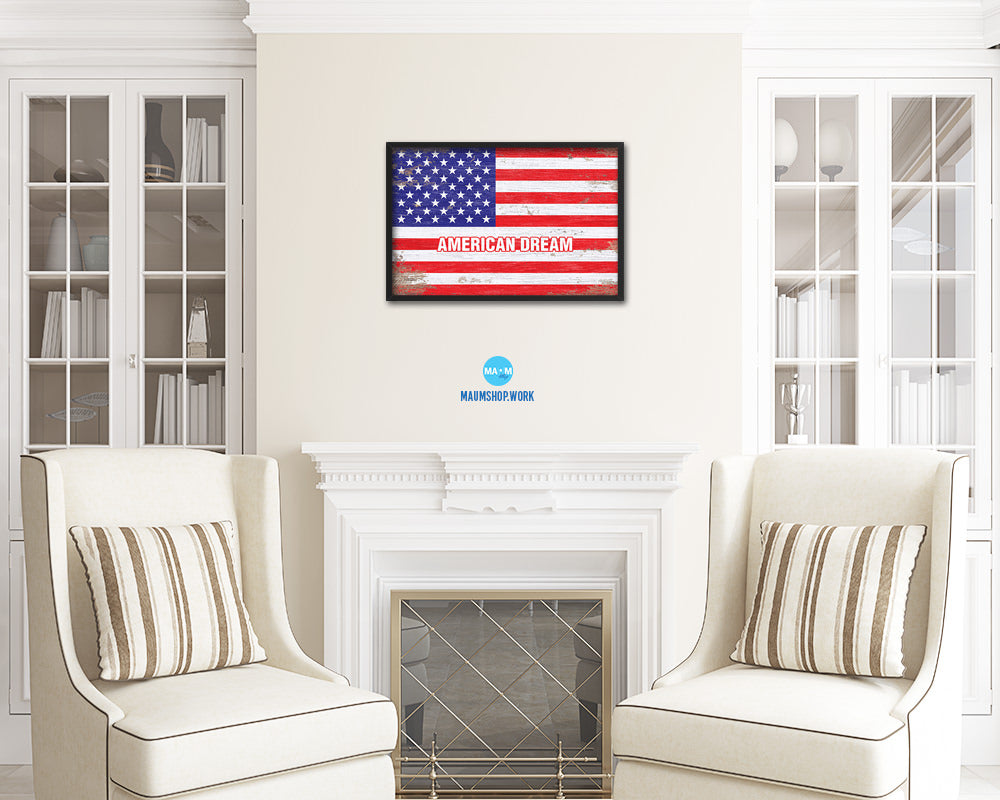 American Dream Campaign Shabby Chic Military Flag Framed Print Decor Wall Art Gifts