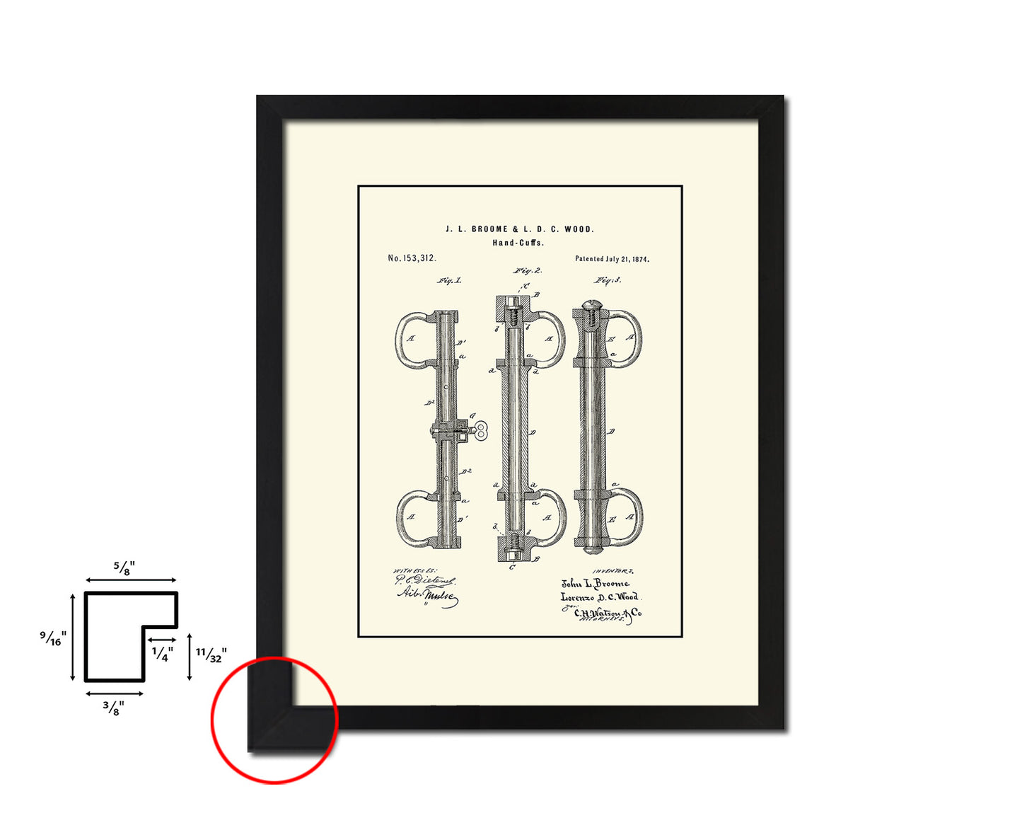 Handcuffs Police Vintage Patent Artwork Black Frame Print Wall Art Decor Gifts