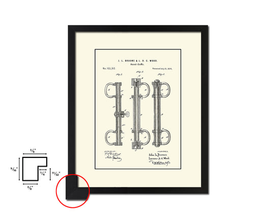 Handcuffs Police Vintage Patent Artwork Black Frame Print Wall Art Decor Gifts