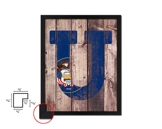 Utah State Initial Flag Wood Framed Paper Print Decor Wall Art Gifts, Wood