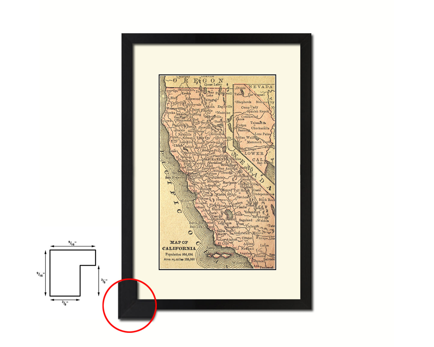 California Circa Old Map Wood Framed Print Art Wall Decor Gifts