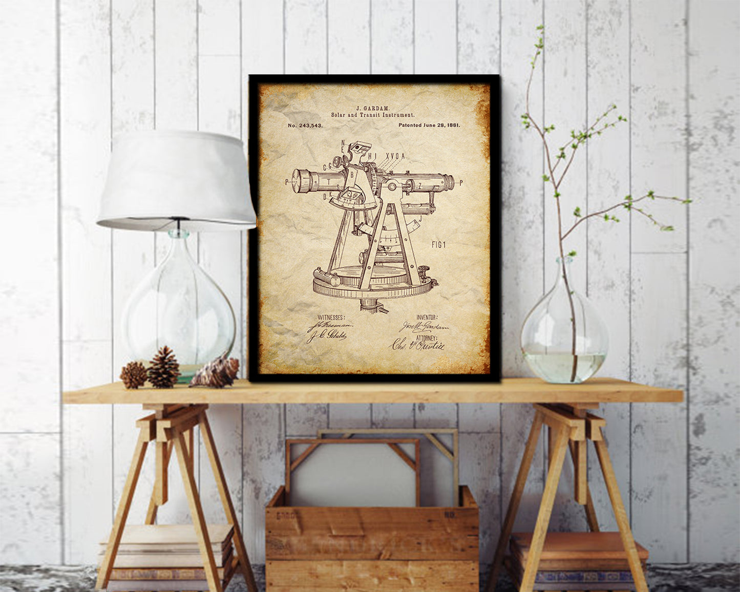 Solar Compass Nautical Vintage Patent Artwork Walnut Frame Gifts