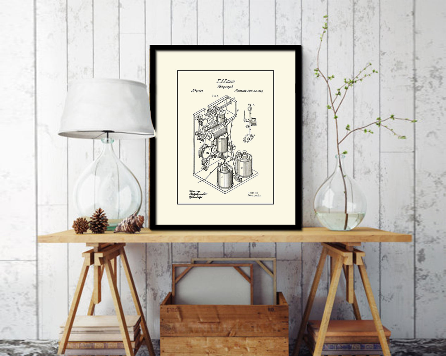 Telegraph Edison Vintage Patent Artwork Black Frame Print Wall Art Decor Gifts