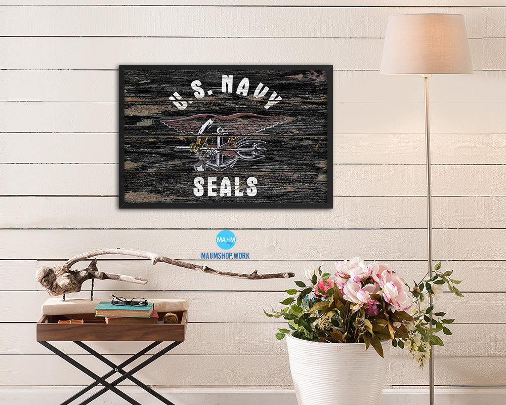 US Navy Seals Wood Rustic Flag Wood Framed Print Wall Art Decor Gifts