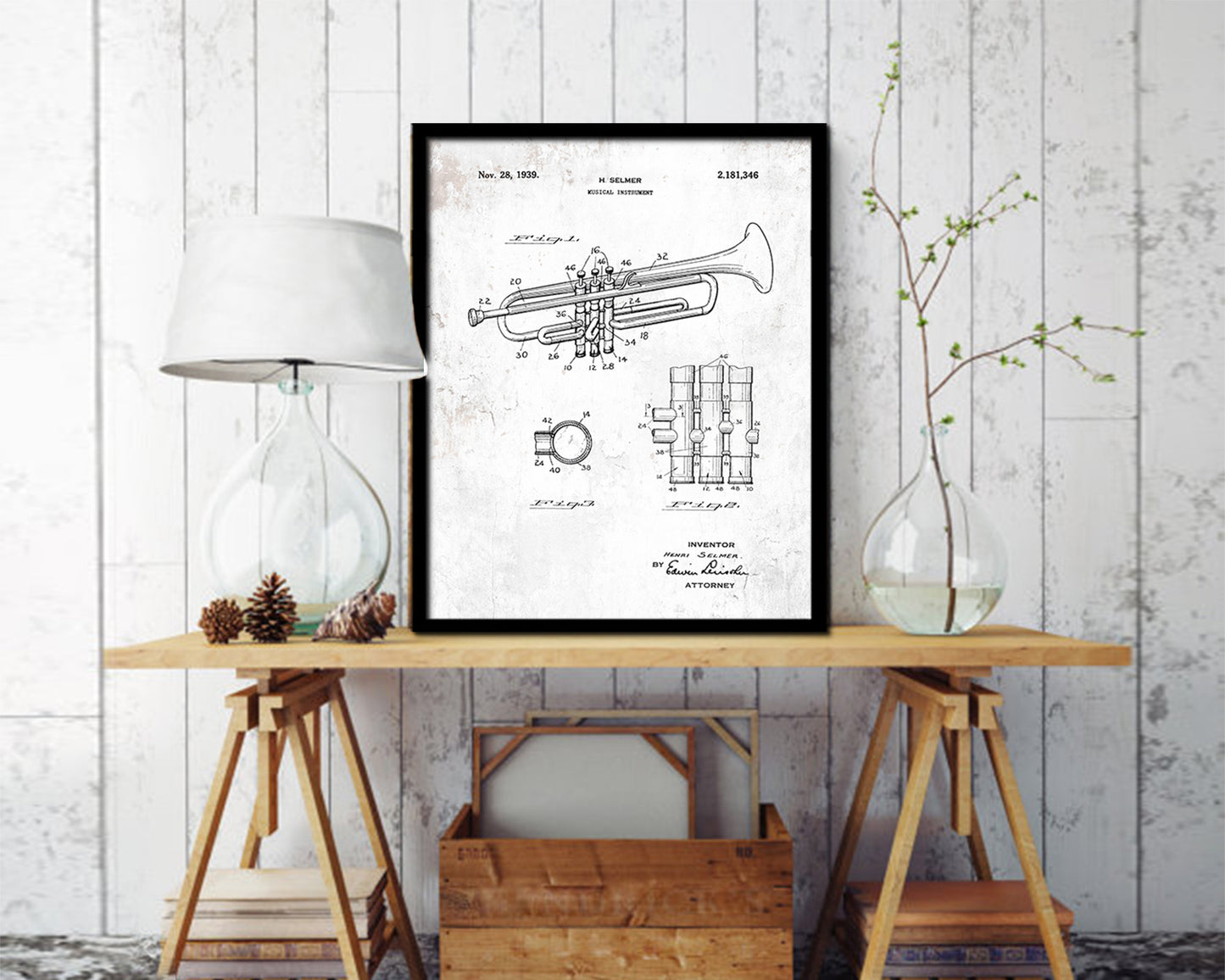 Trumpet Musical Instrument Music Vintage Patent Artwork Black Frame Print Gifts