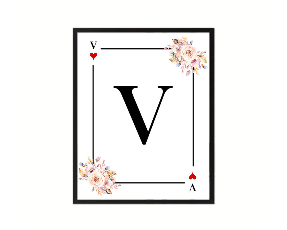 Letter V Personalized Boho Monogram Heart Playing Decks Framed Print Wall Art Decor Gifts