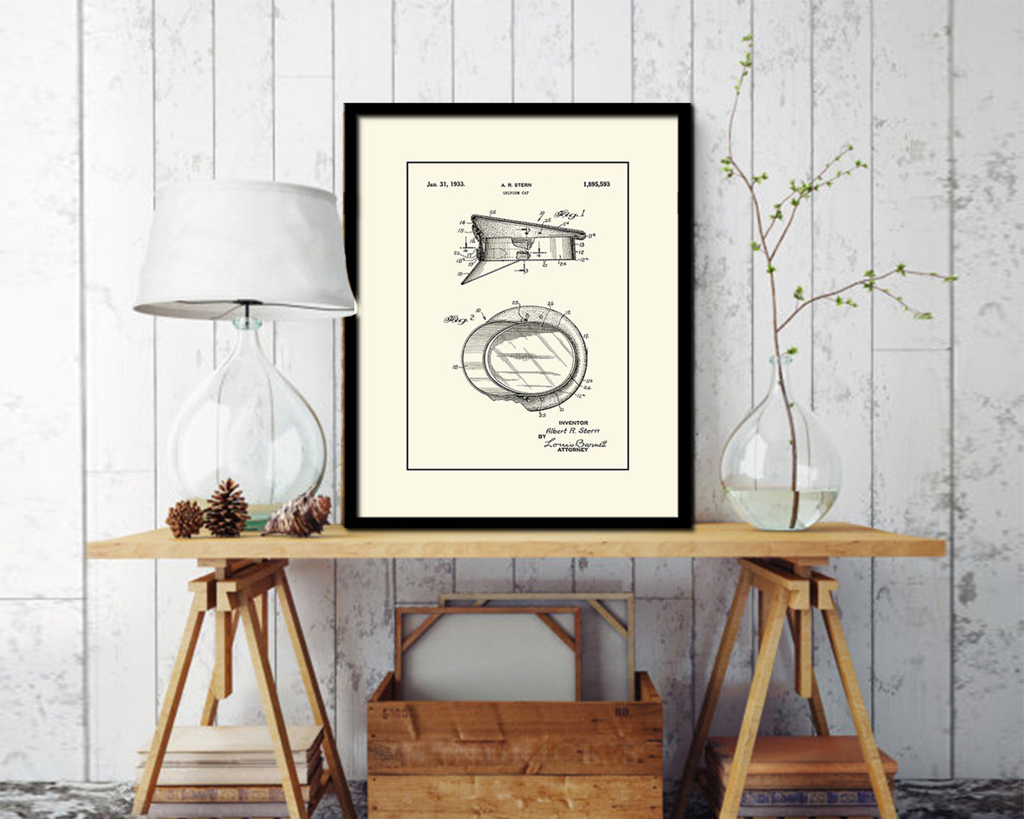 Uniform Cap Police Vintage Patent Artwork Black Frame Print Wall Art Decor Gifts