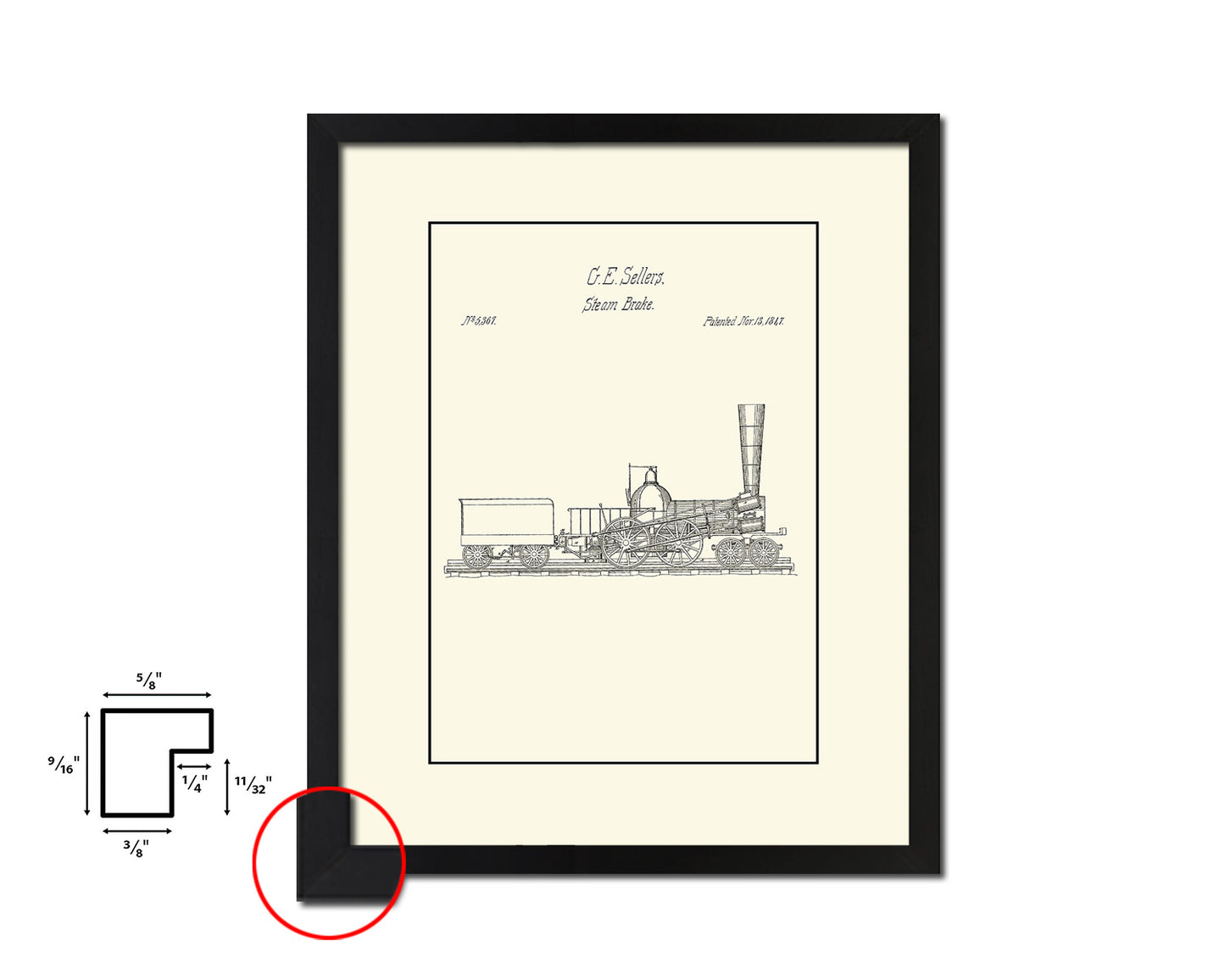 Steam Brake Train Vintage Patent Artwork Black Frame Print Gifts