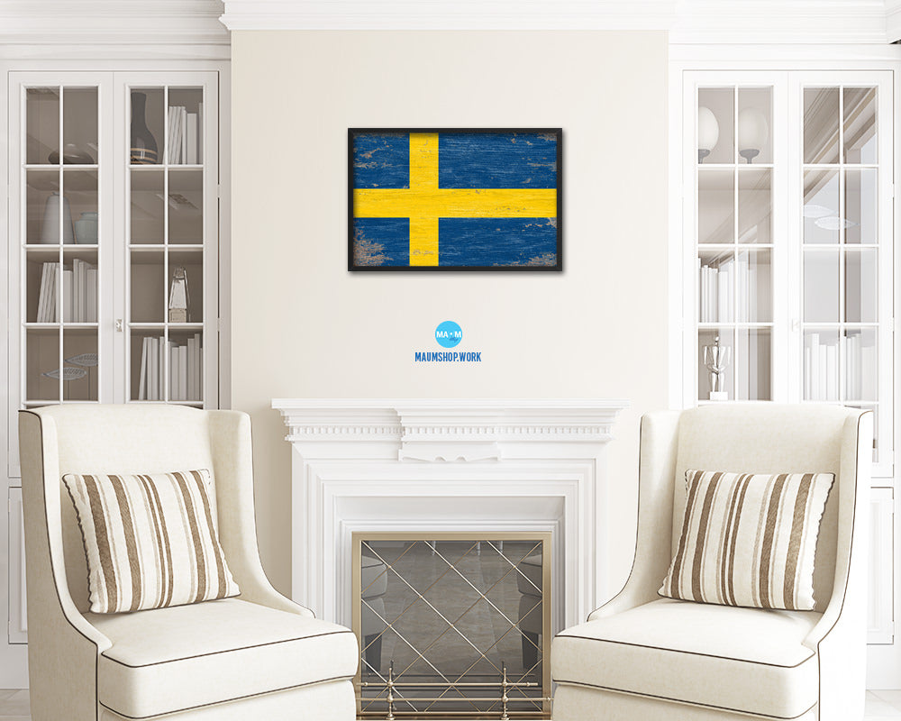 Sweden Shabby Chic Country Flag Wood Framed Print Wall Art Decor Gifts