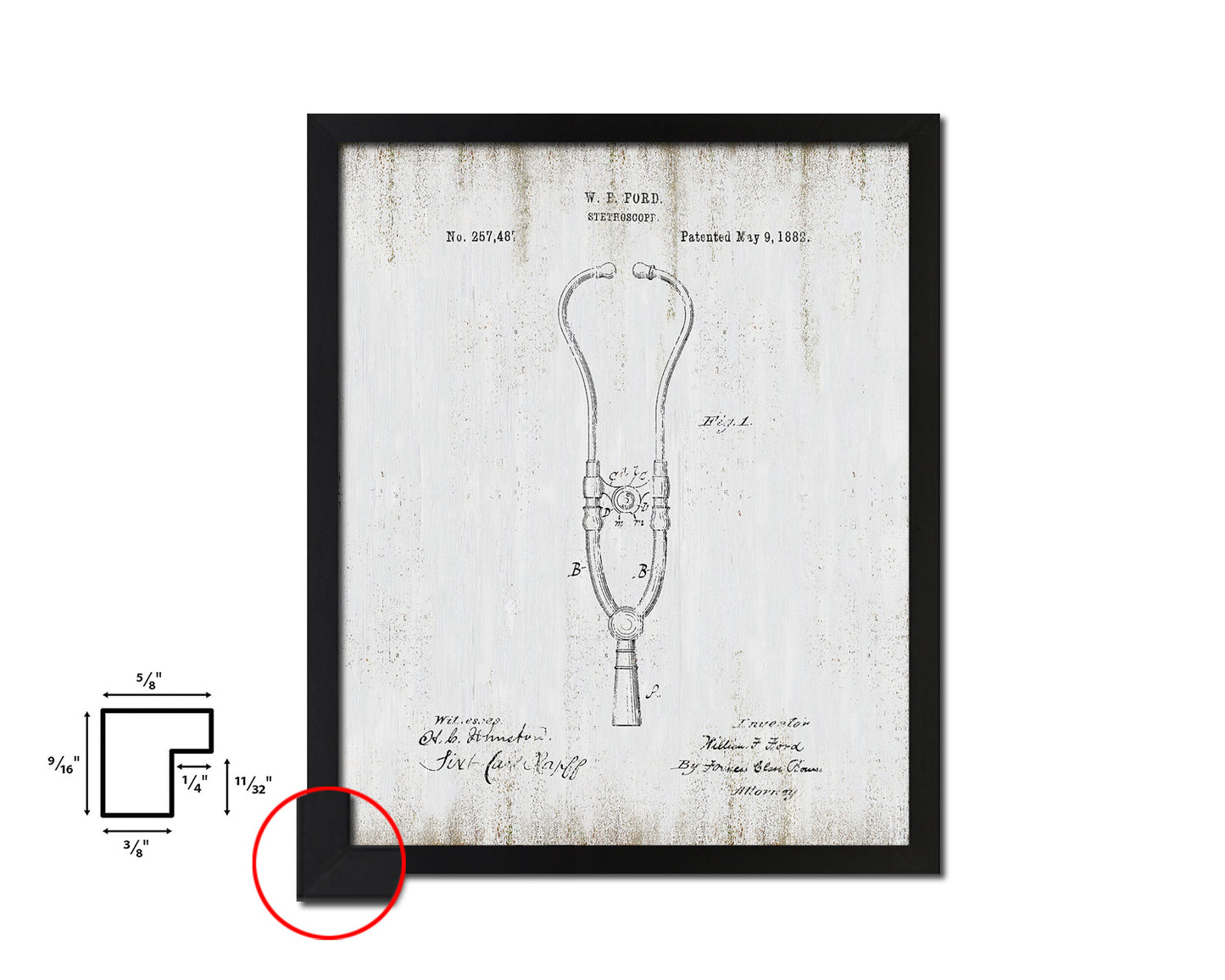 Tools Ford Stethoscope Doctor Vintage Patent Artwork Black Frame Print Gifts