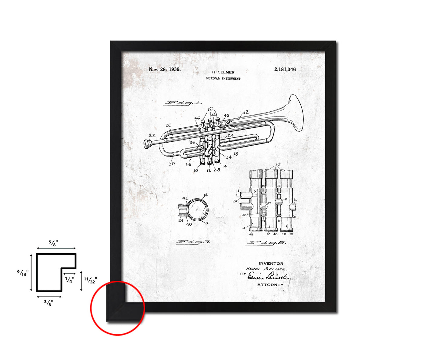 Trumpet Musical Instrument Music Vintage Patent Artwork Black Frame Print Gifts