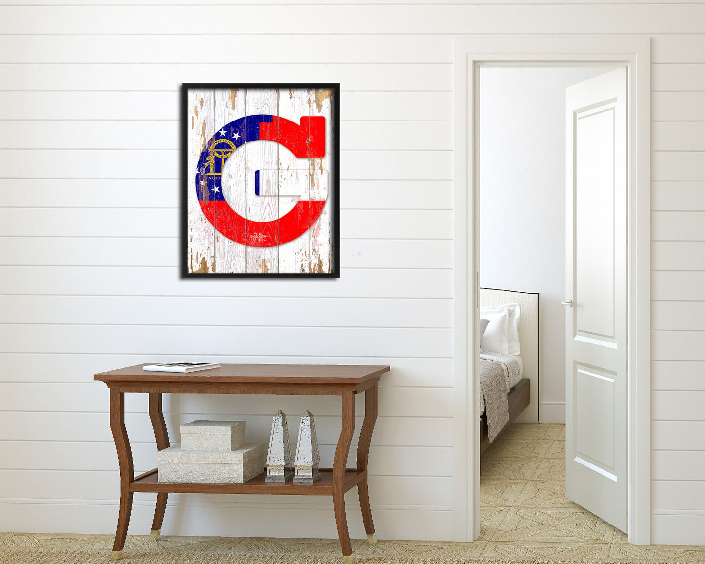 Georgia State Initial Flag Wood Framed Paper Print Decor Wall Art Gifts, Beach