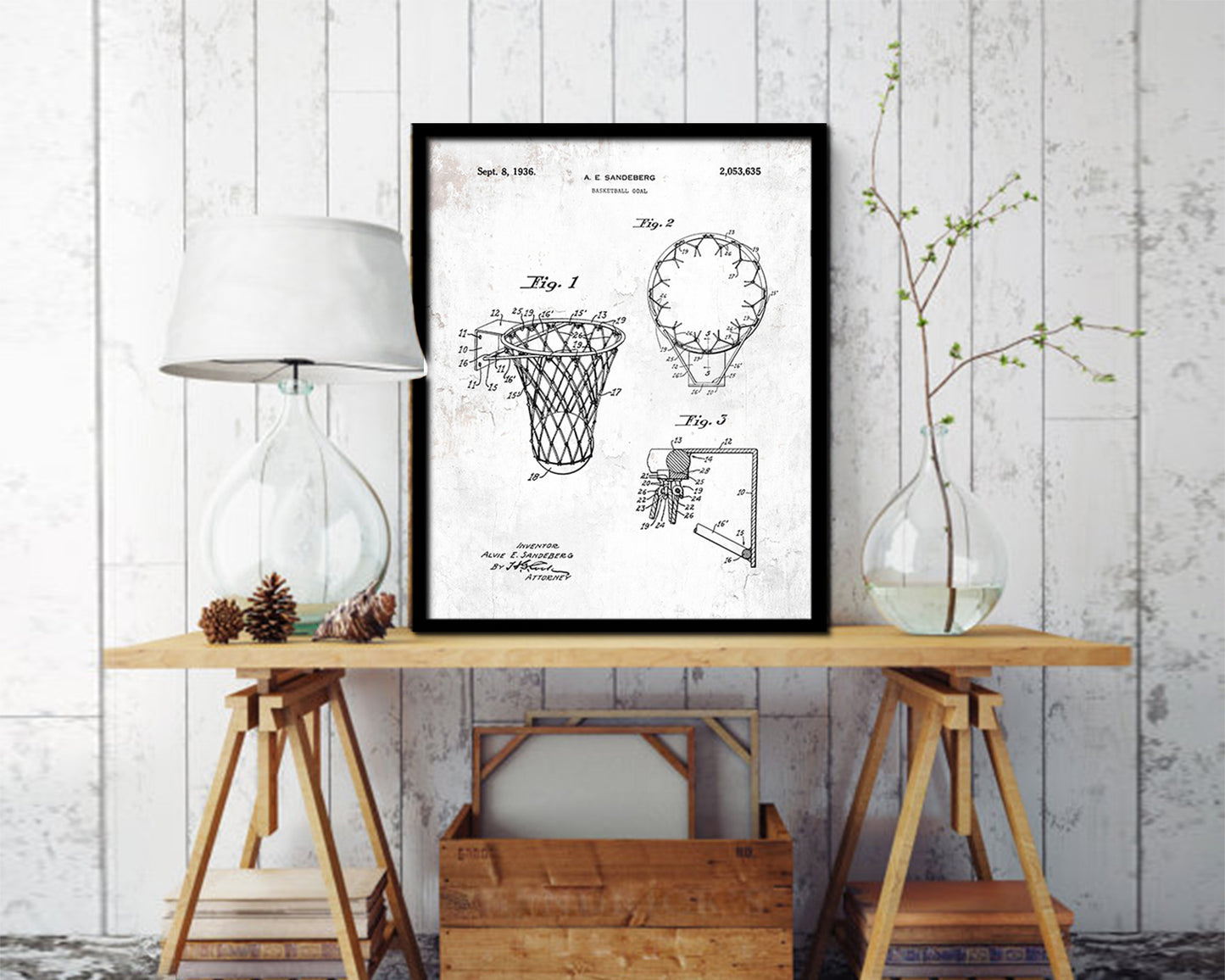 Basketball Goal Hoop and Net Sports Vintage Patent Artwork Black Frame Print Gifts