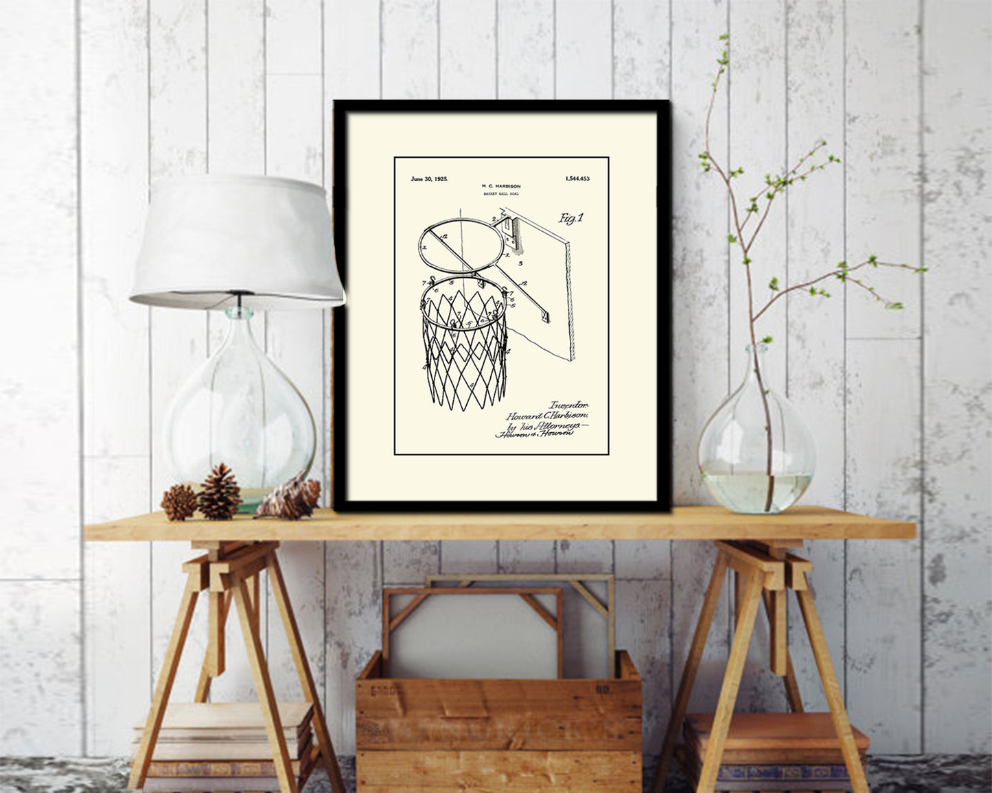 Basketball Goal Hoop and Net Sports Vintage Patent Artwork Black Frame Print Gifts