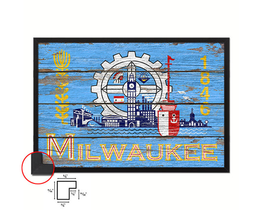 Milwaukee City Wisconsin State Rustic Flag Wood Framed Paper Prints Decor Wall Art Gifts