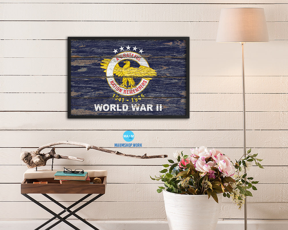 World War 2 Wood Rustic Flag Wood Framed Print Wall Art Decor Gifts