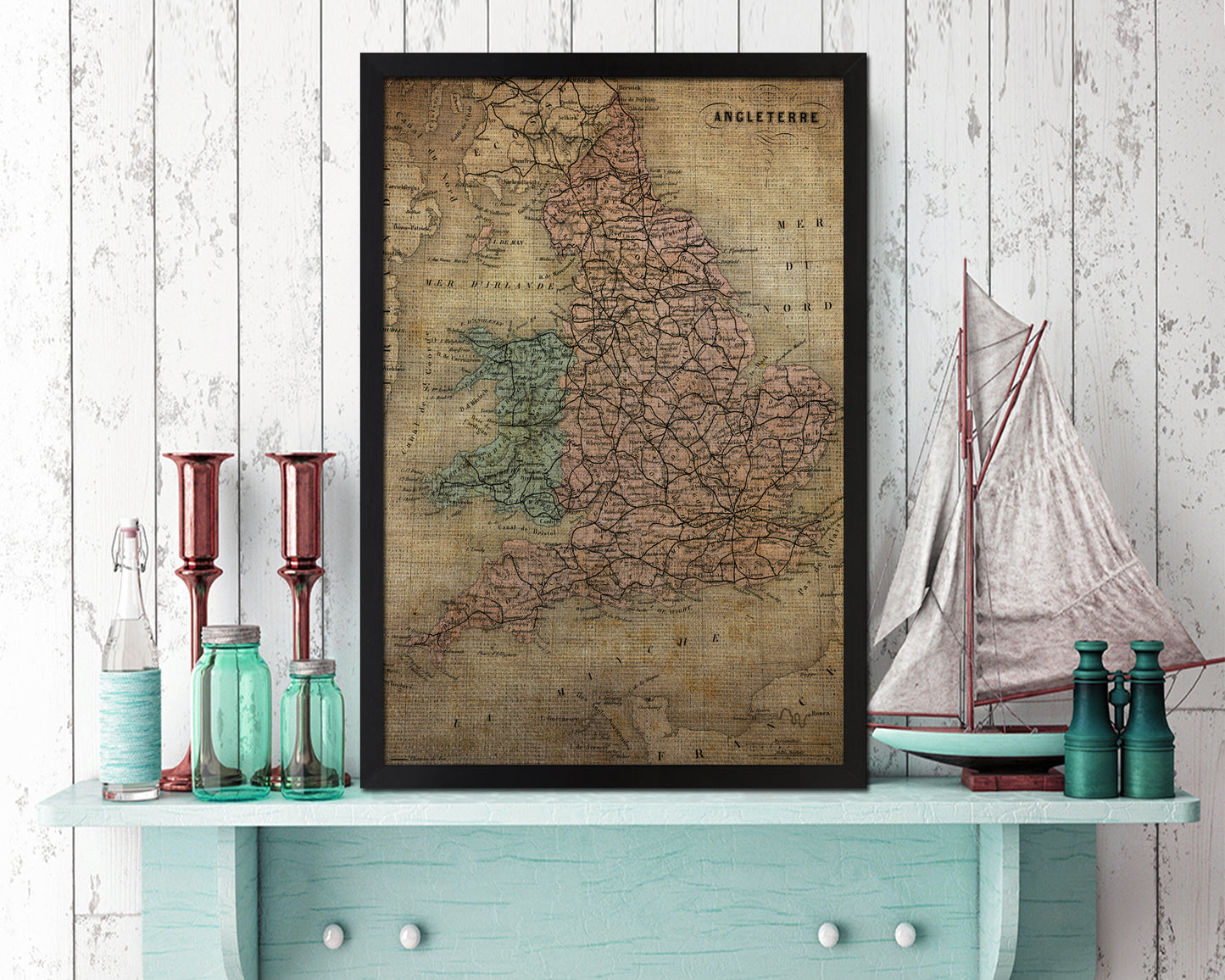 England and Wales Britain Vintage Map Wood Framed Print Art Wall Decor Gifts