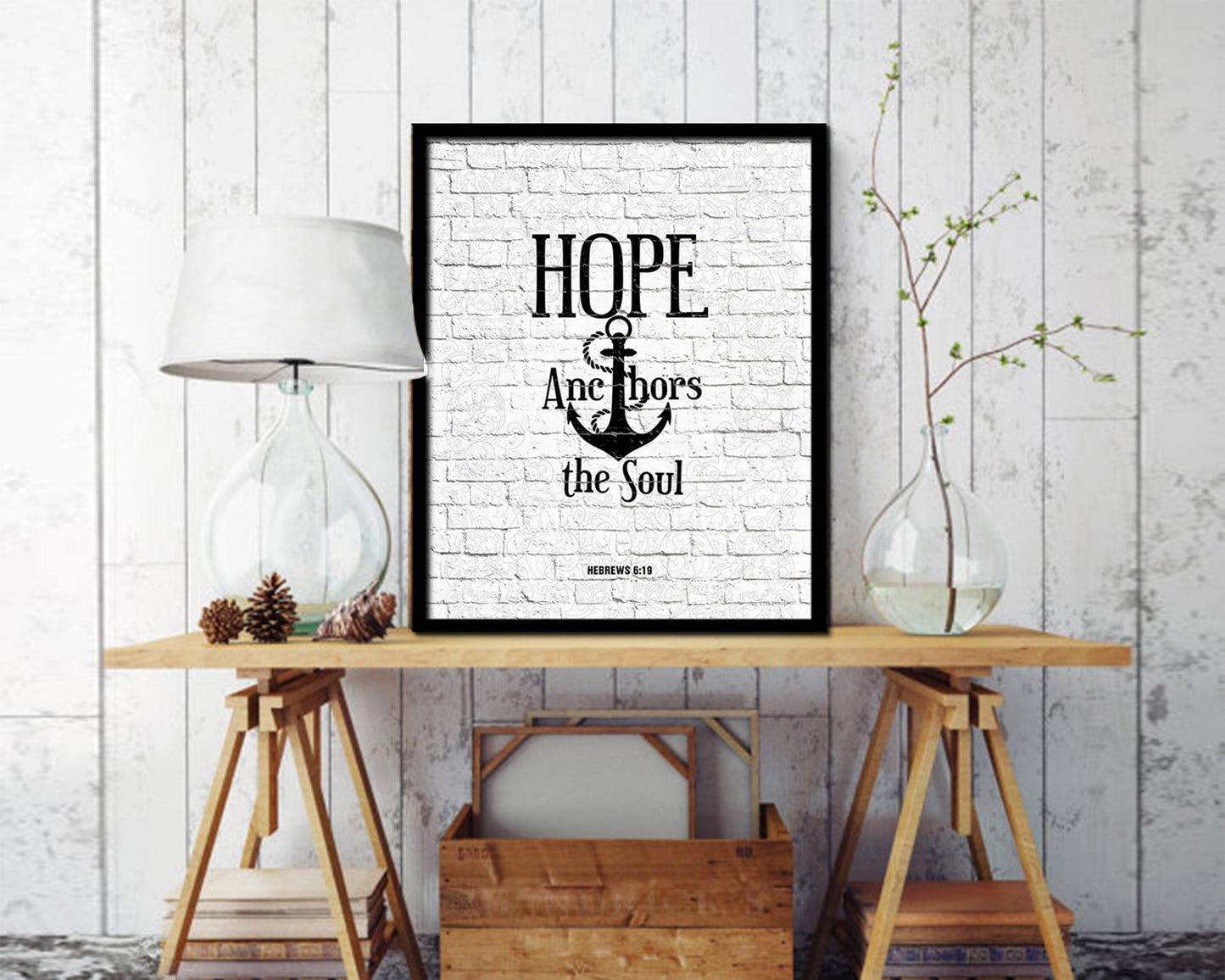 Hope anchors the soul, Hebrews 6:19 Quote Wood Framed Print Home Decor Wall Art Gifts