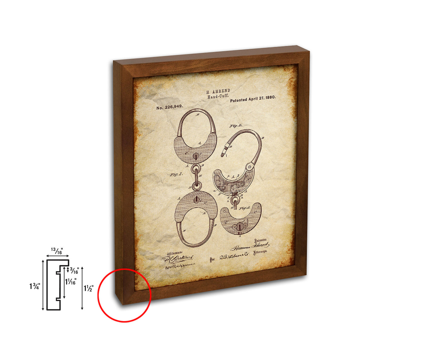 Handcuffs Police Vintage Patent Artwork Walnut Frame Print Wall Art Decor Gifts