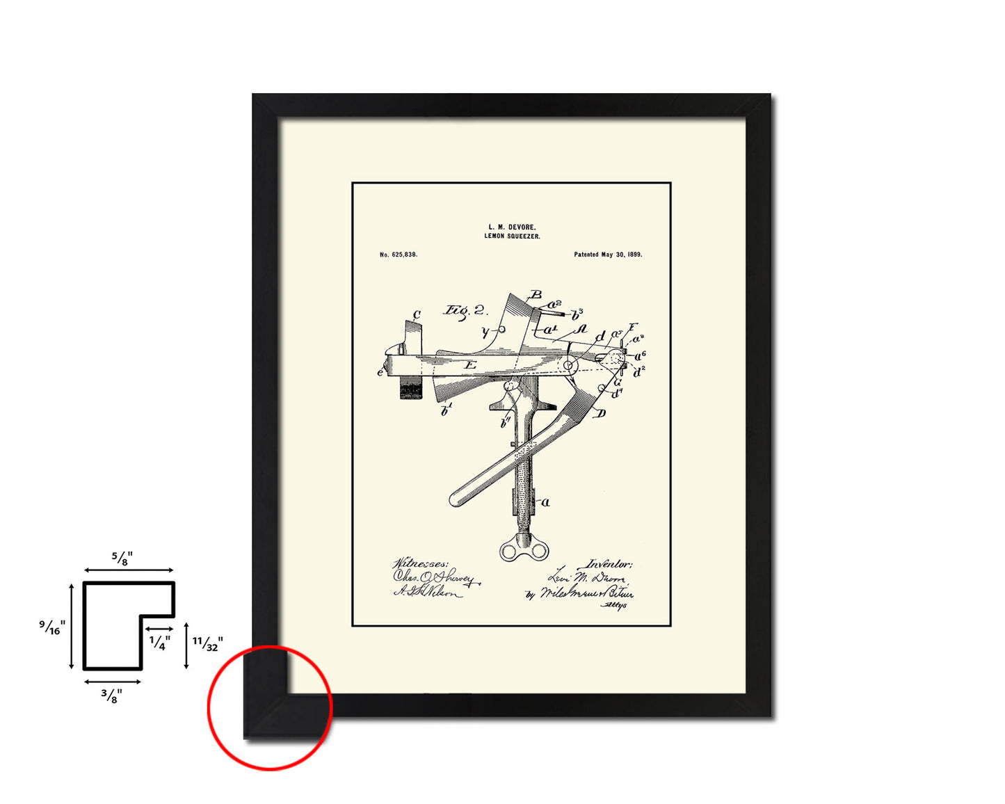 Lemon Squeezer Kitchen Vintage Patent Artwork Black Frame Print Wall Art Decor Gifts