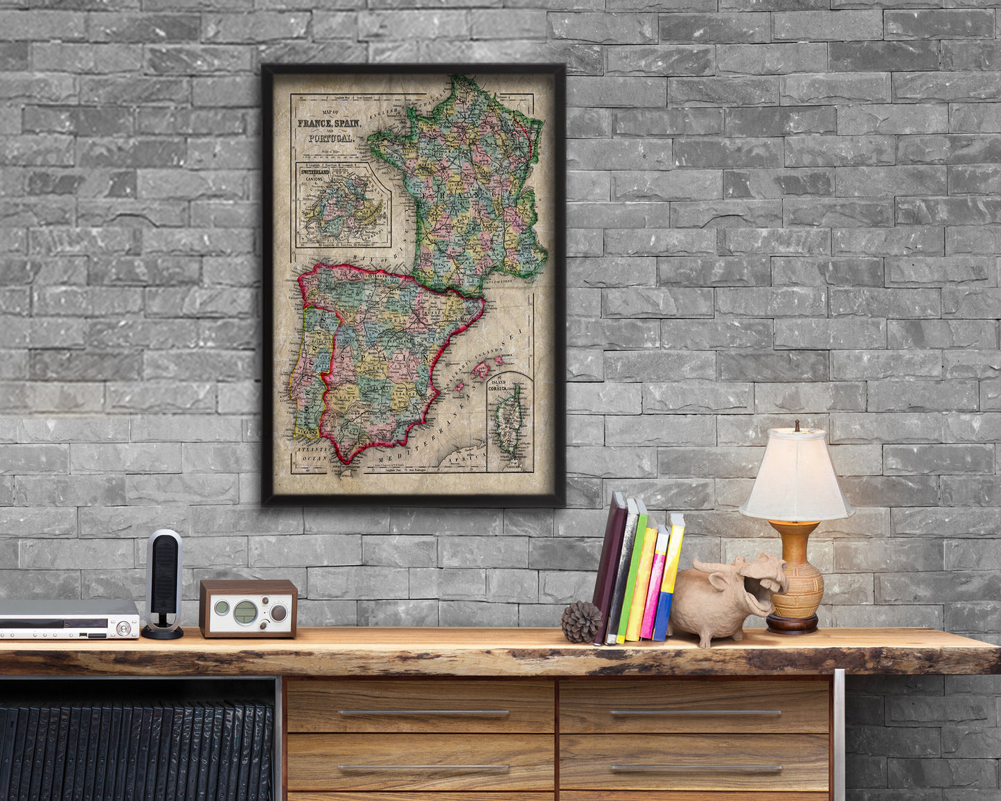 Spain Portugal and France Historical Map Wood Framed Print Art Wall Decor Gifts