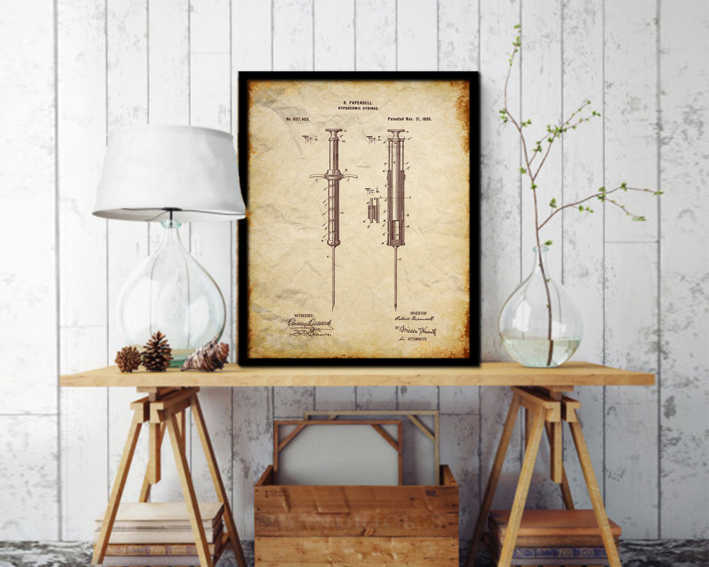 Papendell Hypodermic Syringe Doctor Vintage Patent Artwork Walnut Frame Gifts