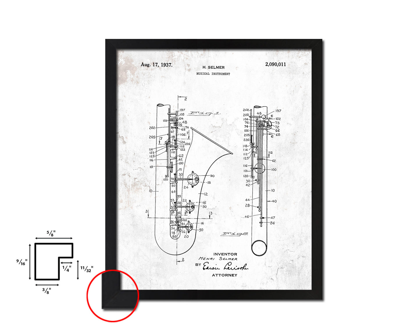 Saxophone Musical Instrument Music Vintage Patent Artwork Black Frame Print Gifts