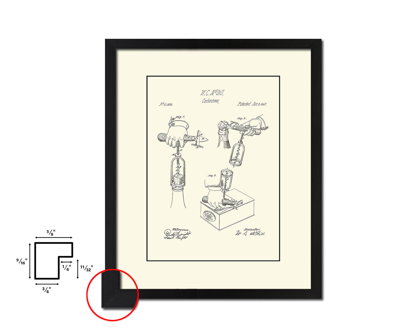 Corkscrew Wine Vintage Patent Artwork Black Frame Print Gifts