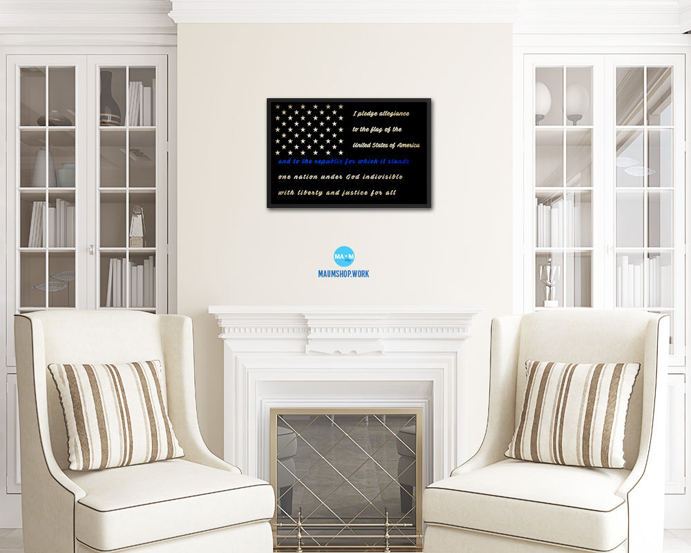 Thin Blue Line Honoring Law Enforcement American, Pledge Allegiance Colonial Primitive Sign Vintage Military Flag Art