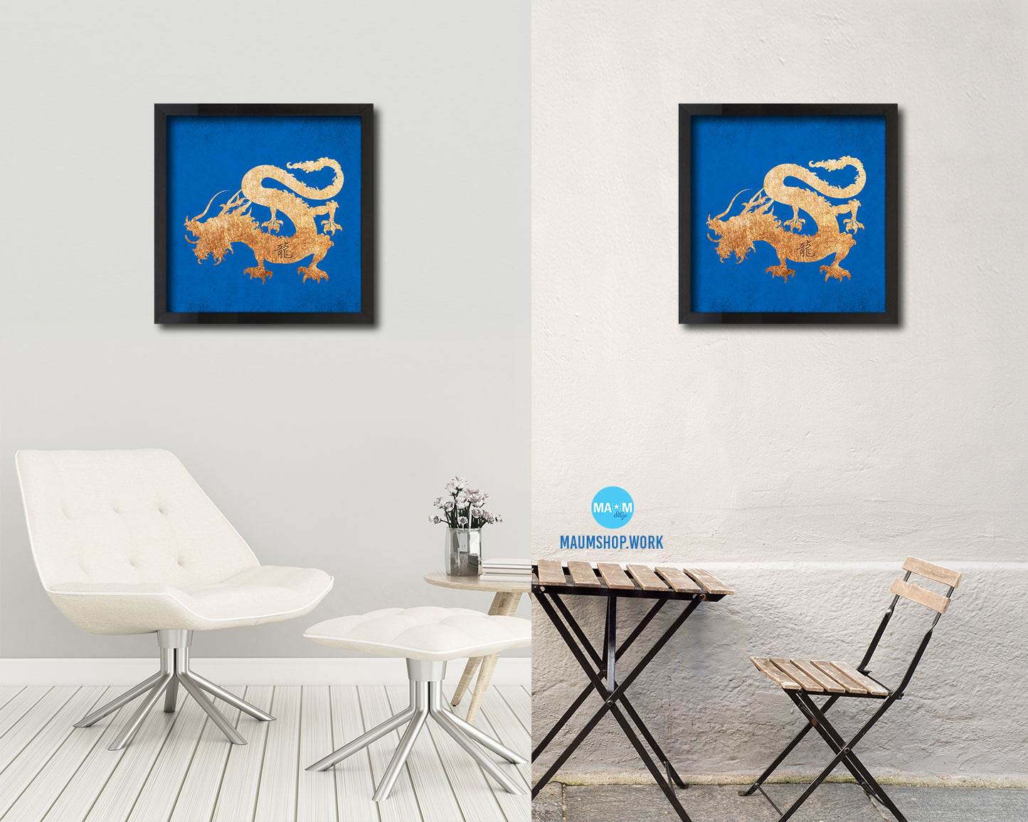 Dragon Chinese Zodiac Character Wood Framed Print Wall Art Decor Gifts, Blue