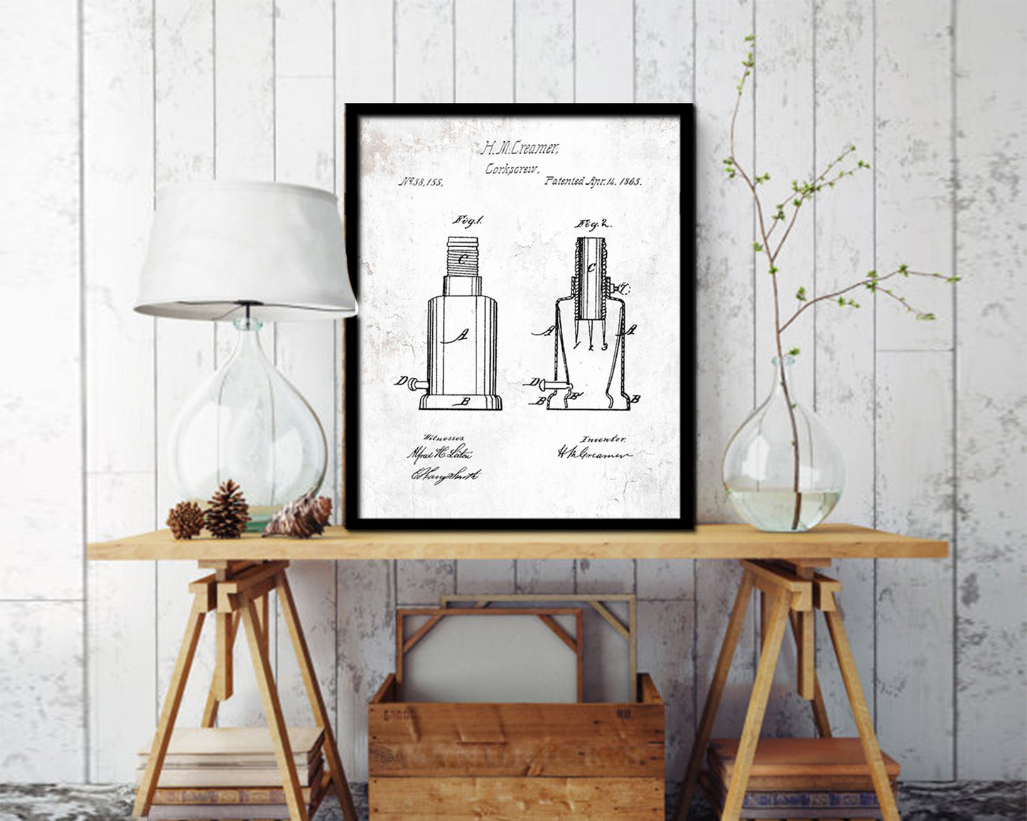 Corkscrew Wine Vintage Patent Artwork Black Frame Print Gifts