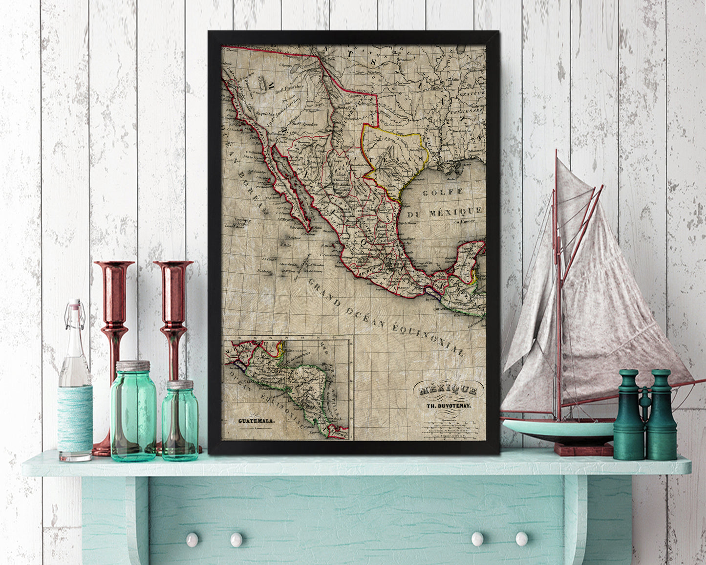 Mexico and Texas Republic Historical Map Wood Framed Print Art Wall Decor Gifts