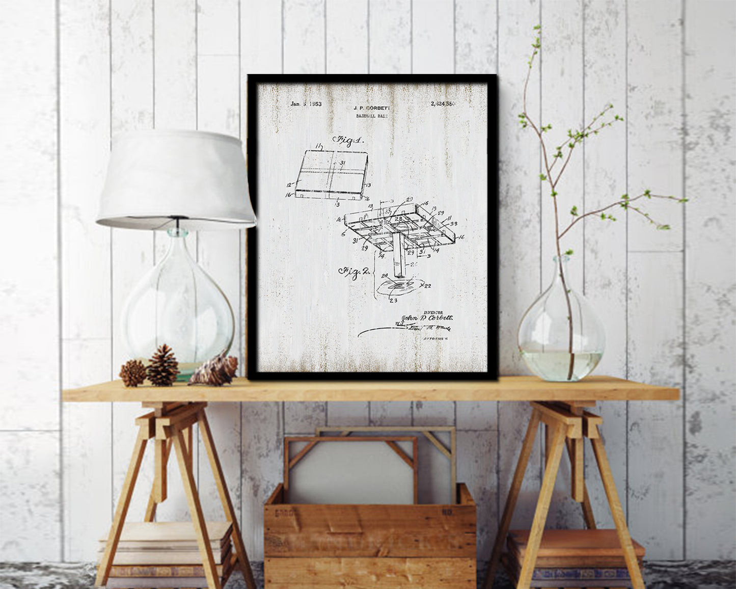 Baseball Base Sports Vintage Patent Artwork Black Frame Print Wall Art Decor Gifts