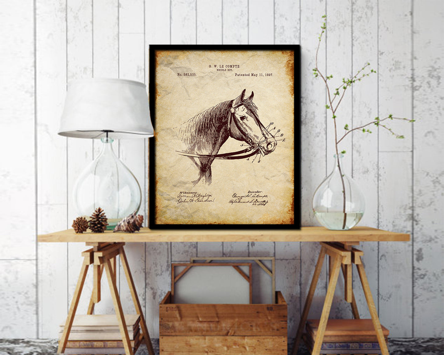 Horse Bridle Bit Farming Vintage Patent Artwork Walnut Frame Gifts