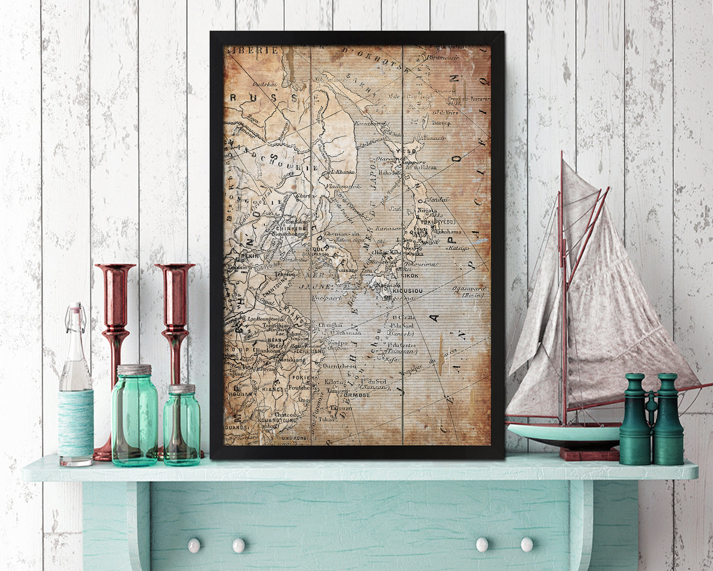 Japan Korea China Antique Map Wood Framed Print Art Wall Decor Gifts