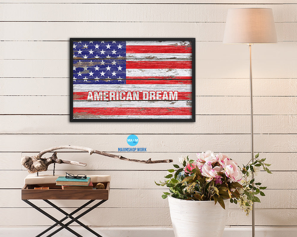 American Dream Campaign Wood Rustic Flag Wood Framed Print Wall Art Decor Gifts