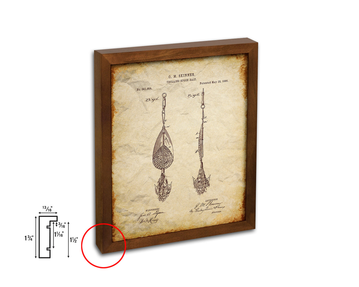 Trolling Spoon Bait Fishing Vintage Patent Artwork Walnut Frame Gifts