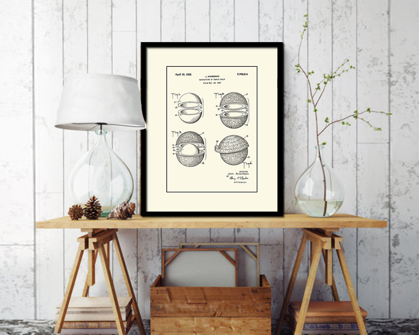 Tennis Ball Sports Vintage Patent Artwork Black Frame Print Gifts