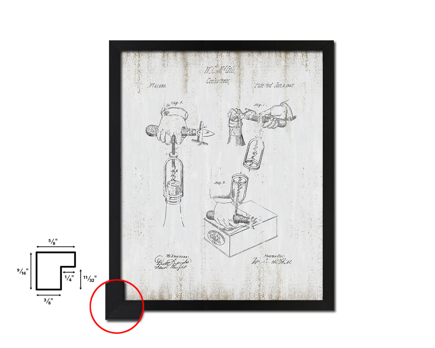 Corkscrew Wine Vintage Patent Artwork Black Frame Print Gifts