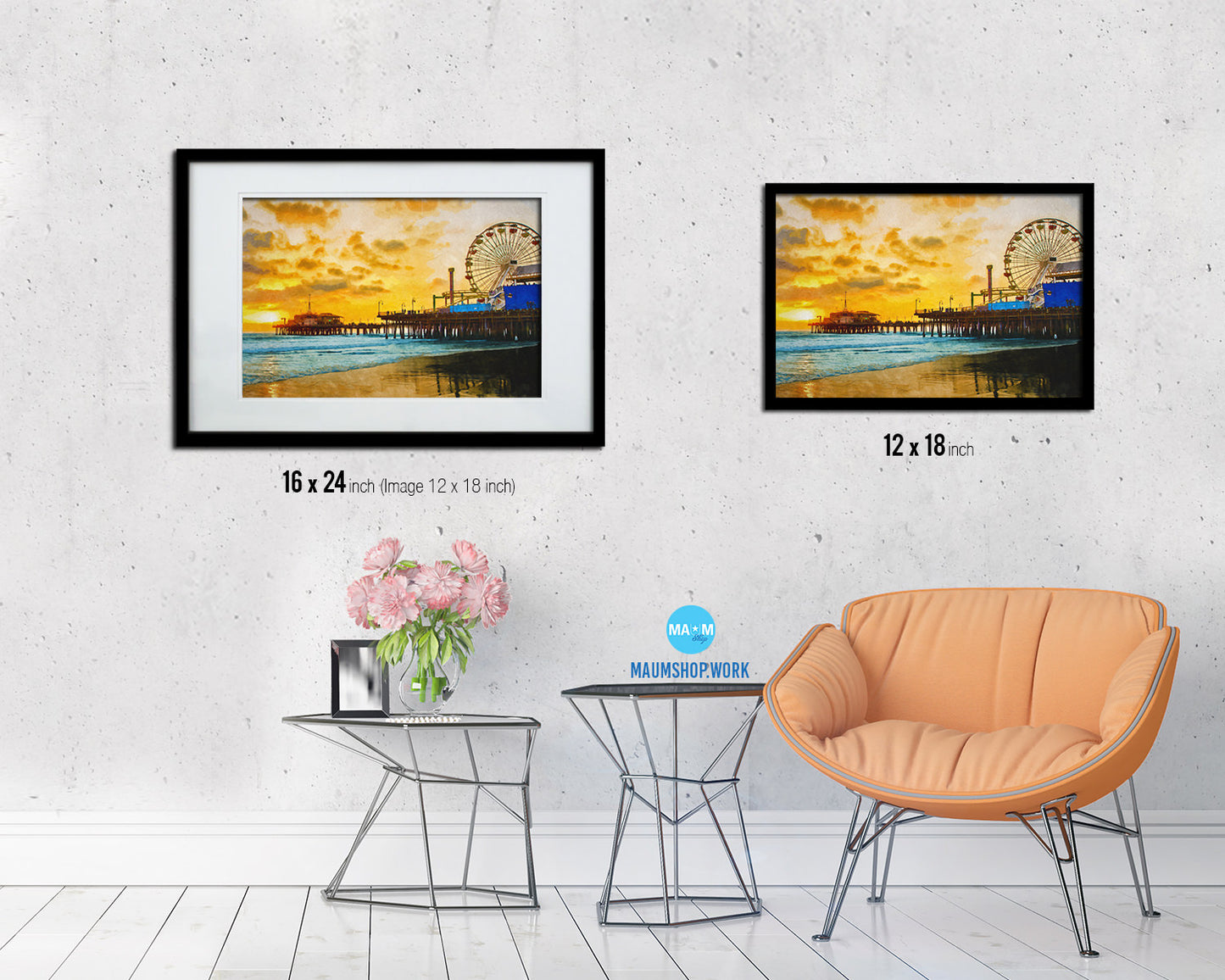 Santa Monica Pier Sunset Artwork Painting Print Art Frame Home Wall Decor Gifts