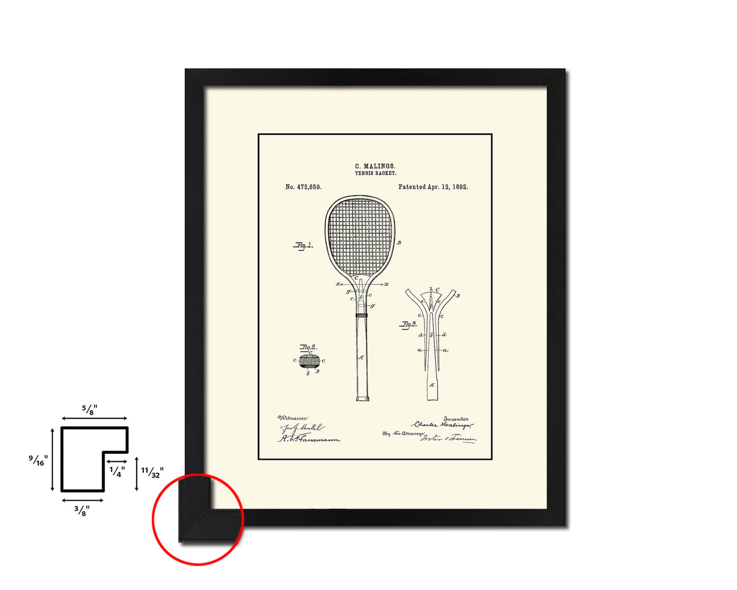 Tennis Racket Sports Vintage Patent Artwork Black Frame Print Gifts