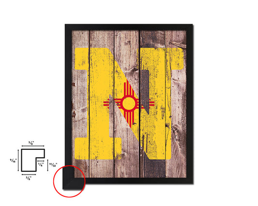 New Mexico State Initial Flag Wood Framed Paper Print Decor Wall Art Gifts, Wood